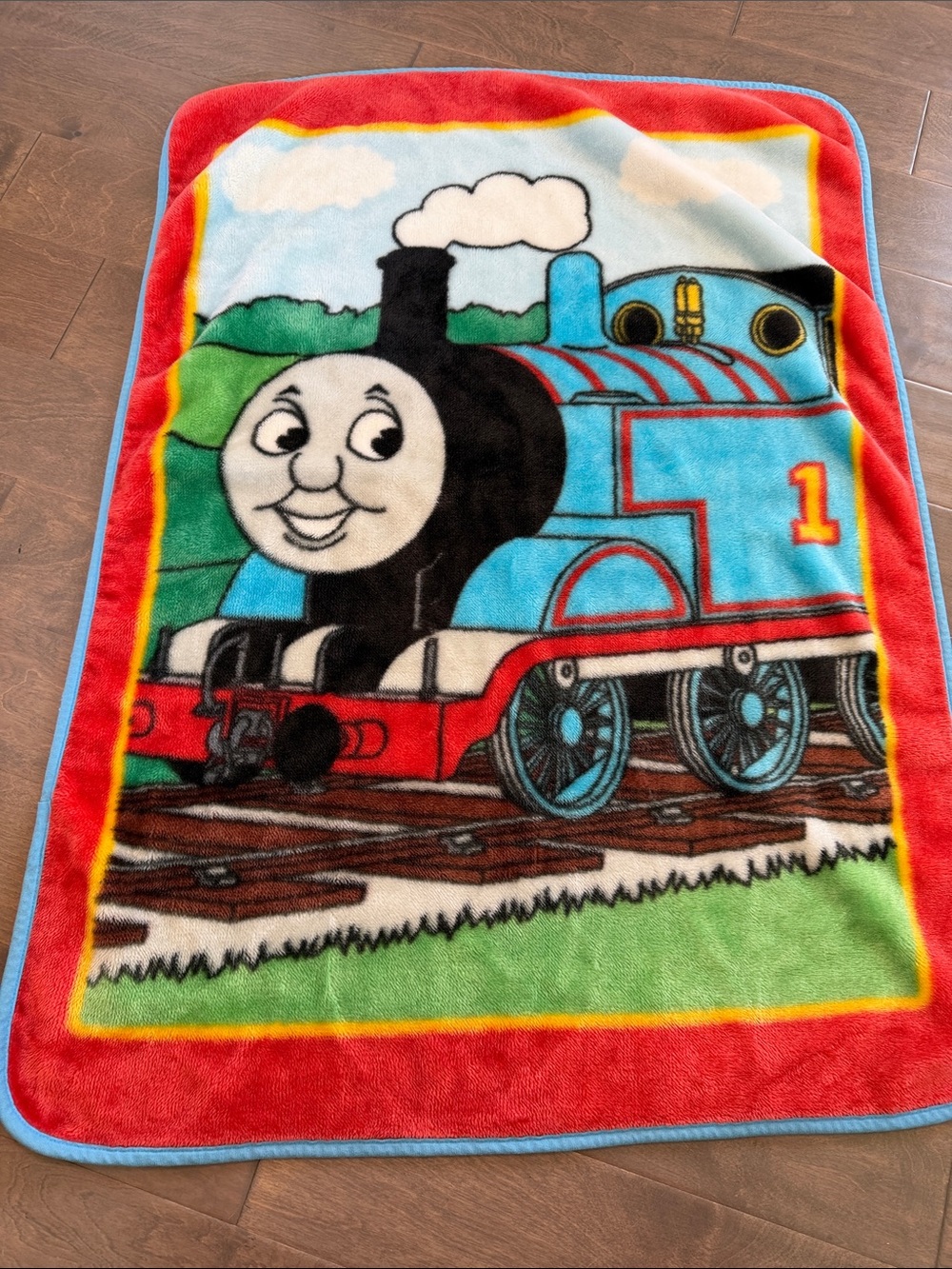 Vintage Thomas & Friends Blue Train Plush Blanket with Red Border